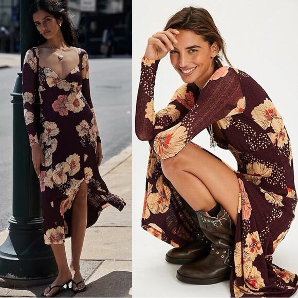 Free People Dresses & Skirts - Free People Calla Midi Maxi Dress in Plum Combo Size XL Edgy Floral 90s Bohemian
